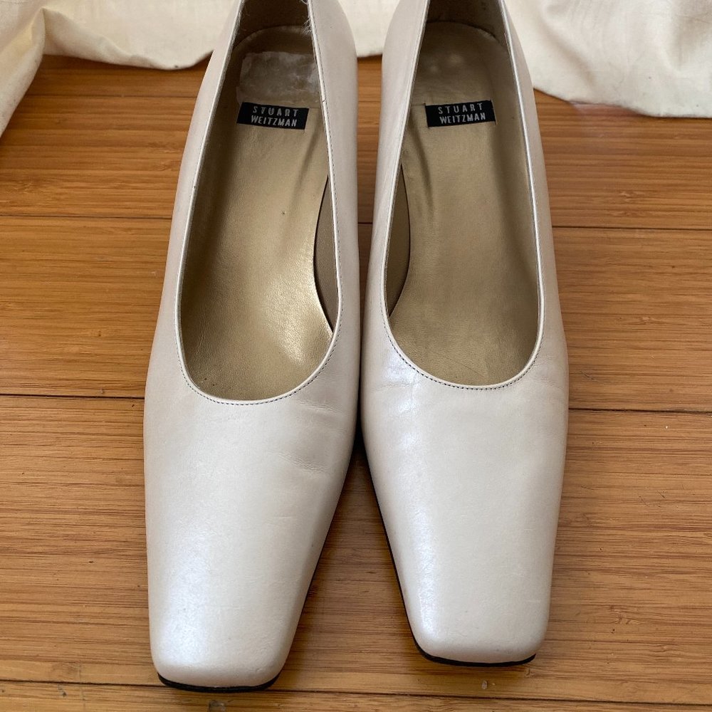 Stuart Weitzman White Pearlescent Square Toe Pumps - image 3
